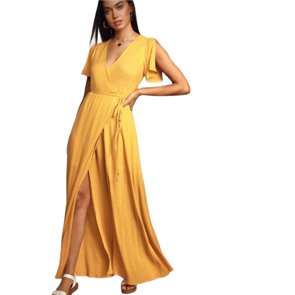 Lulus Much Obliged Mustard Yellow Crinkle Maxi Dress S Wrap Flutter Sleeve - Picture 1 of 13
